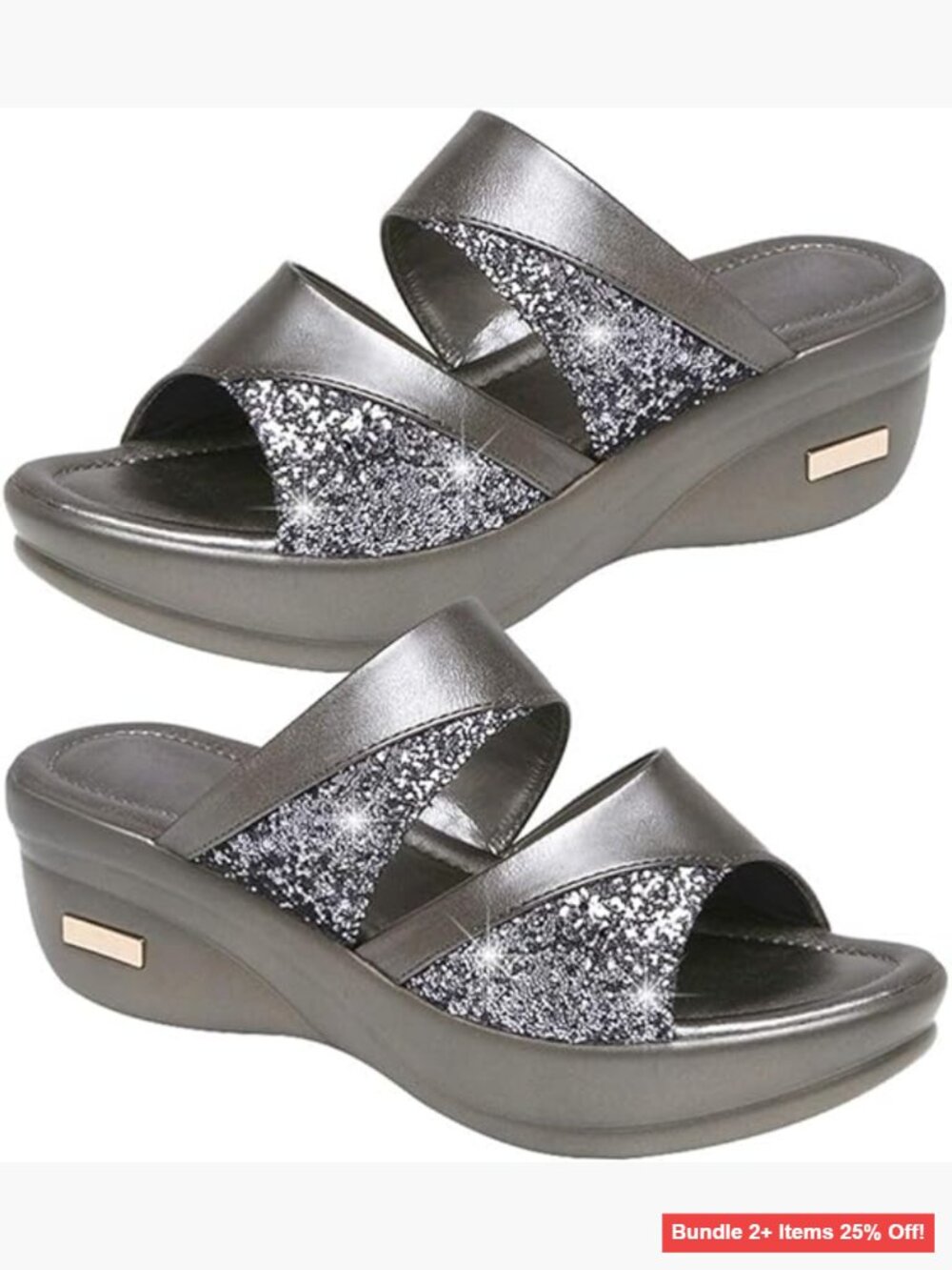 Women's Wedge Sandals with Sequins, Backless Platform Slides